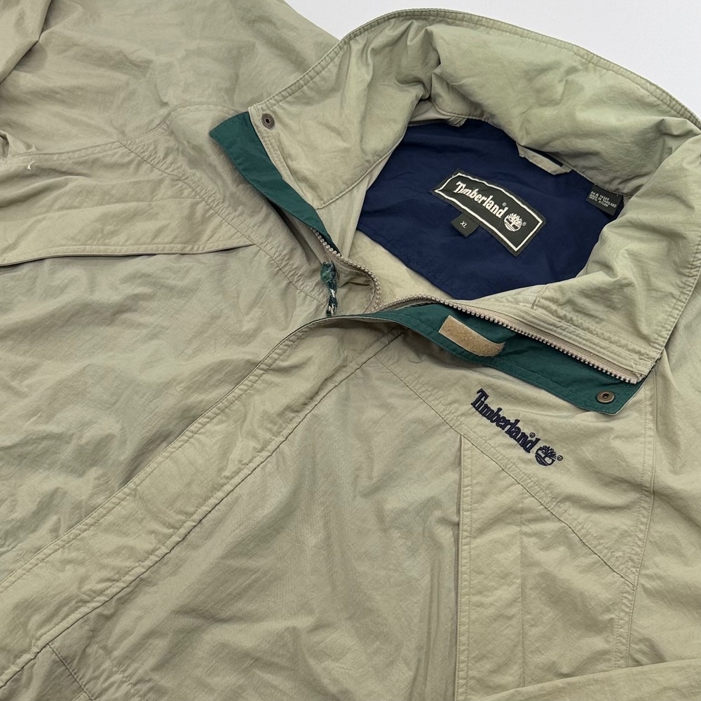 Timberland Mens XL Khaki Green Nylon Hooded Full Zip Windbreaker Jacket